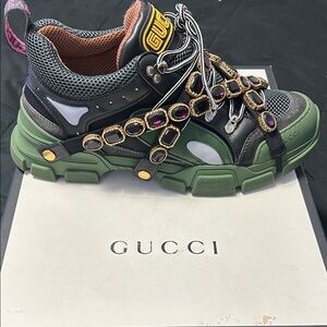 Gucci Green and Gray Sneakers with Jewel Embellishments